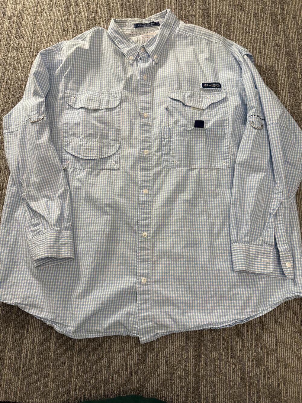 Columbia Shirt Mens XL Blue Gingham PFG Super Bonehead Vented Fishing Outdoors